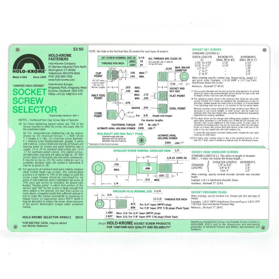 Holo-Krome Socket Screw Selector Chart Inch