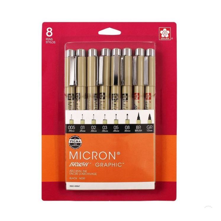 Marker Pigma Micron Black 8 Pen Set of Assorted Sizes